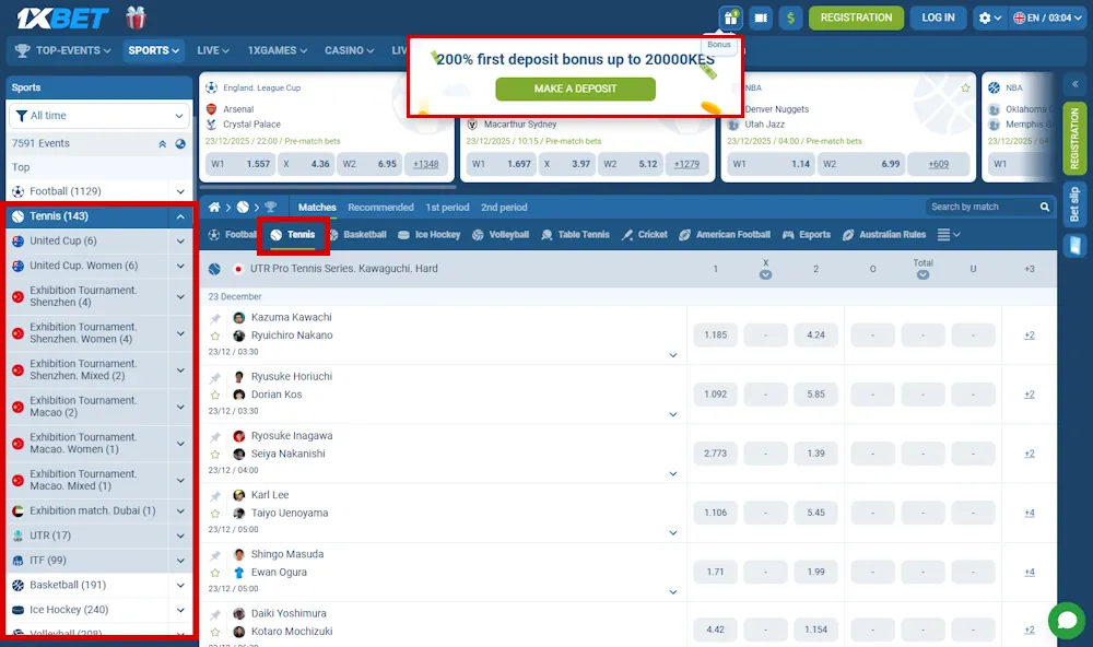 1xBet Tennis Betting and Welcome Bonus Screenshot